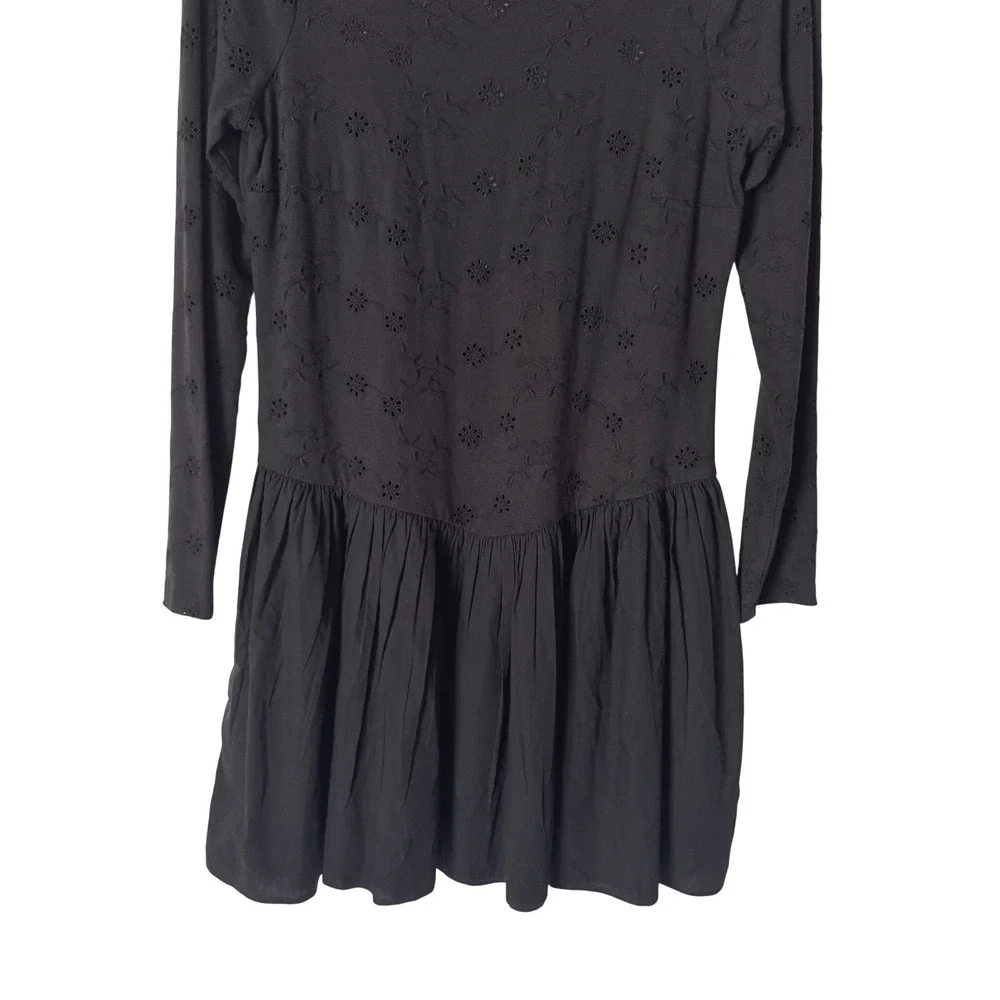 Free People Black Eyelet Long Sleeve Scoop Back Surley Mini Dress Size M